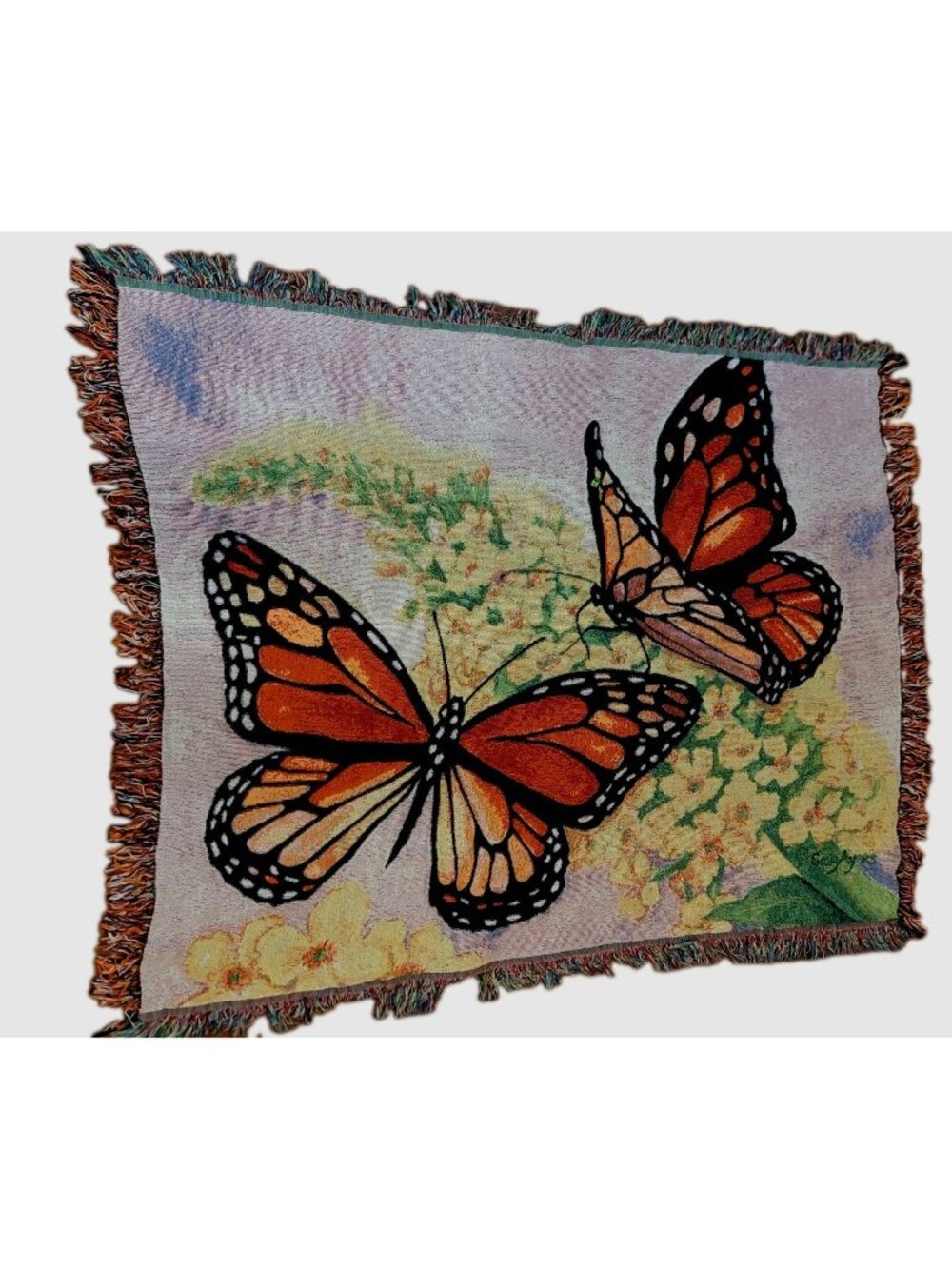 Monarch Butterfly Tapestry Blanket Throw Fringed 60" x 51"